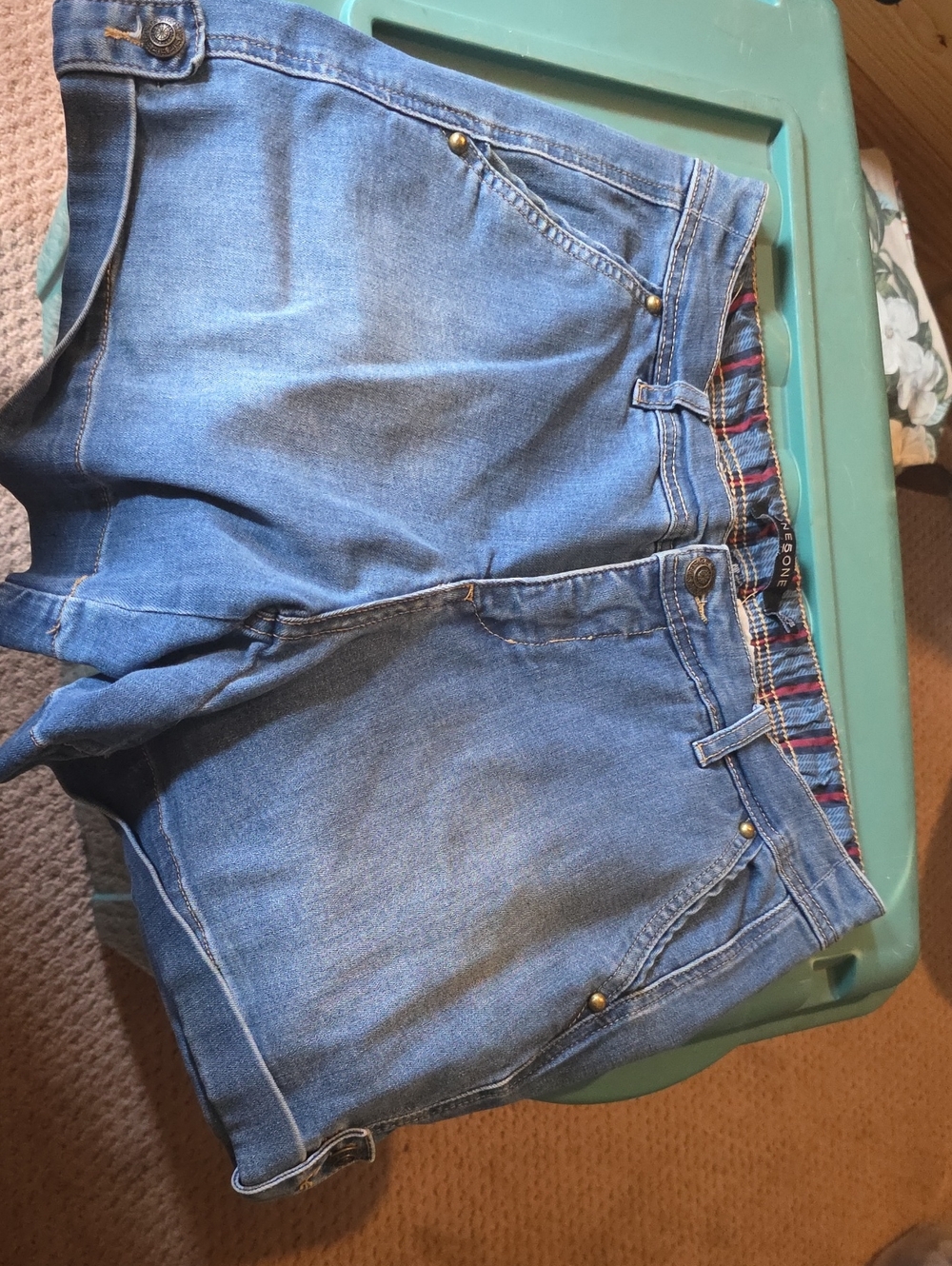 one 5 one Blue High Waist Denim Shorts with Plaid Waistband